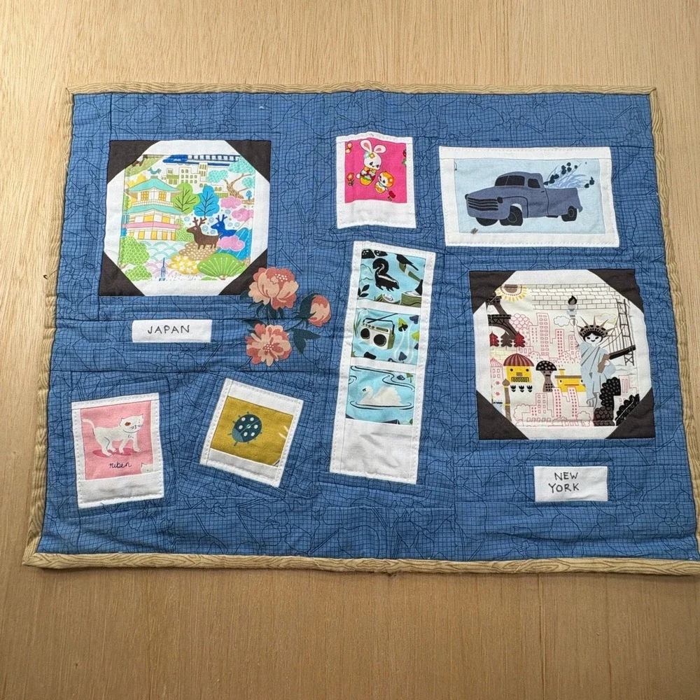 Handmade Quilted Wall Hanging Travel Theme Japan New York Folk Art Blue 19.5x15